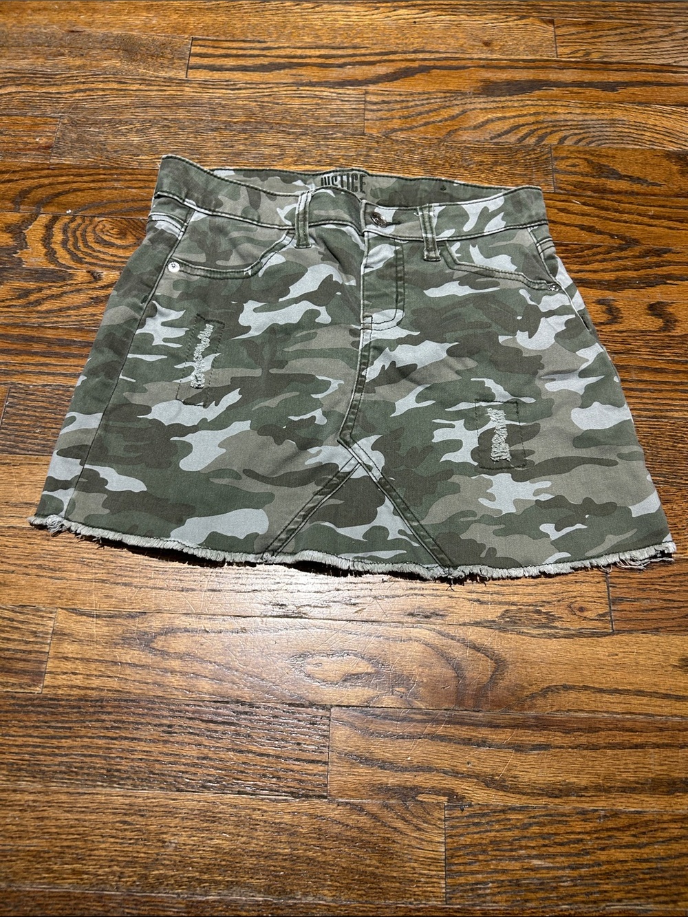Camo Distressed Denim Mini Skirt - Olive Gree
